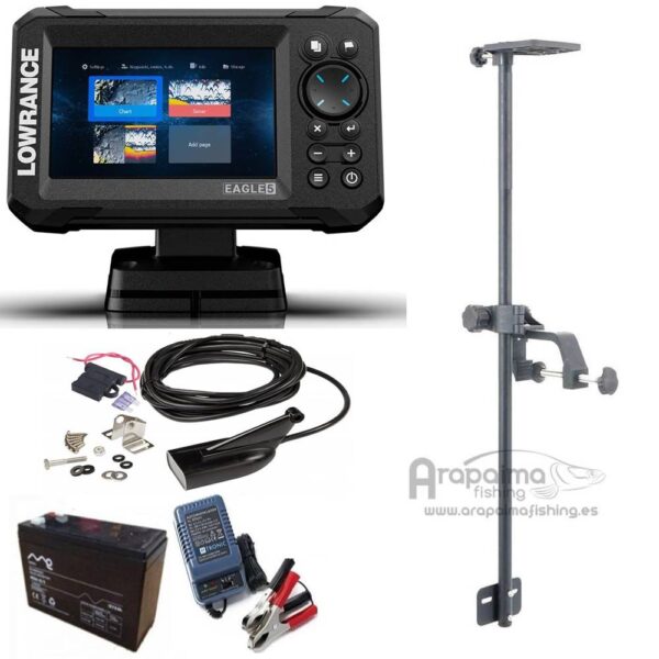 OFERTA PACK: Lowrance EAGLE 5 con transductor HDI 83/200 ROW + Bateria + Cargador+ Soporte barca (elegir opciones)