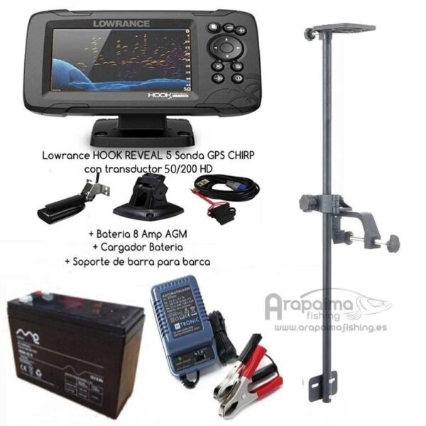 OFERTA PACK: Lowrance HOOK REVEAL 5 Sonda GPS CHIRP con Transductor 50/200 HDI + Bateria + Cargador+ Soporte barca (elegir opciones)